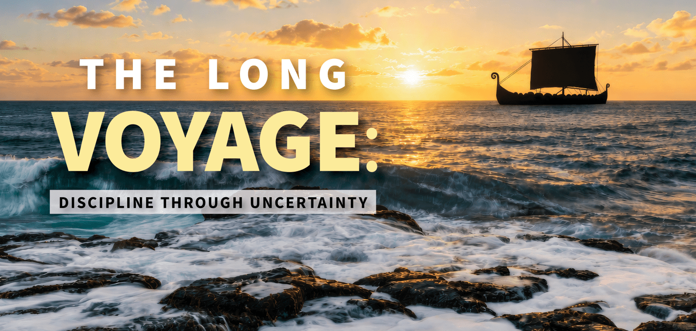 Ocean sunset with a Viking-style ship on the horizon and the title 'The Long Voyage: Discipline Through Uncertainty.'