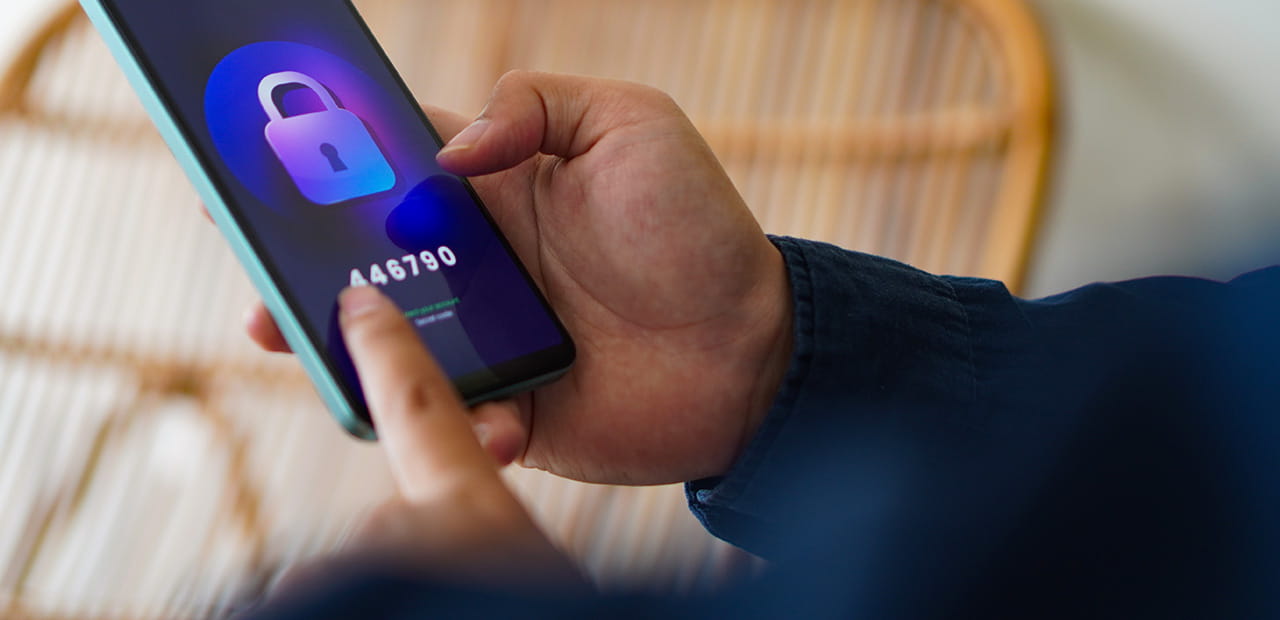 Smartphone security screen highlighting the importance of protecting accounts from social media scams.
