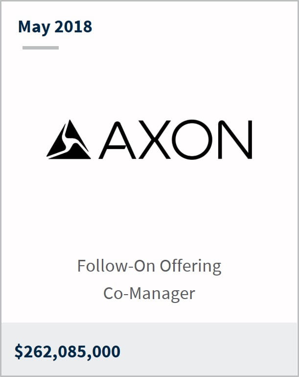 May 2018 Axon Enterprise Inc. $262,085,000 follow-on offering co-manager