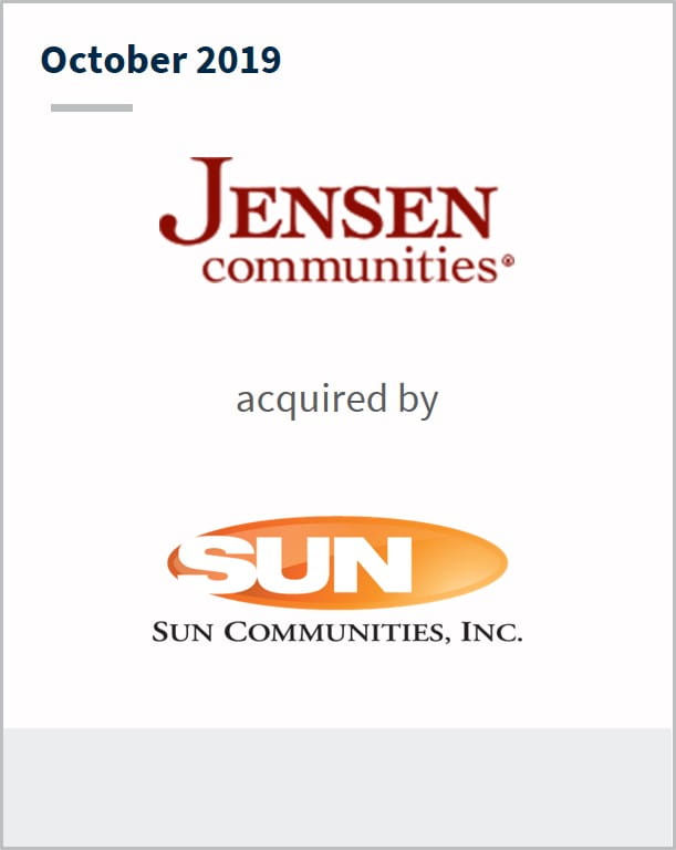 October 2019 Jensen Communities has been acquired by Sun Communities Inc. 