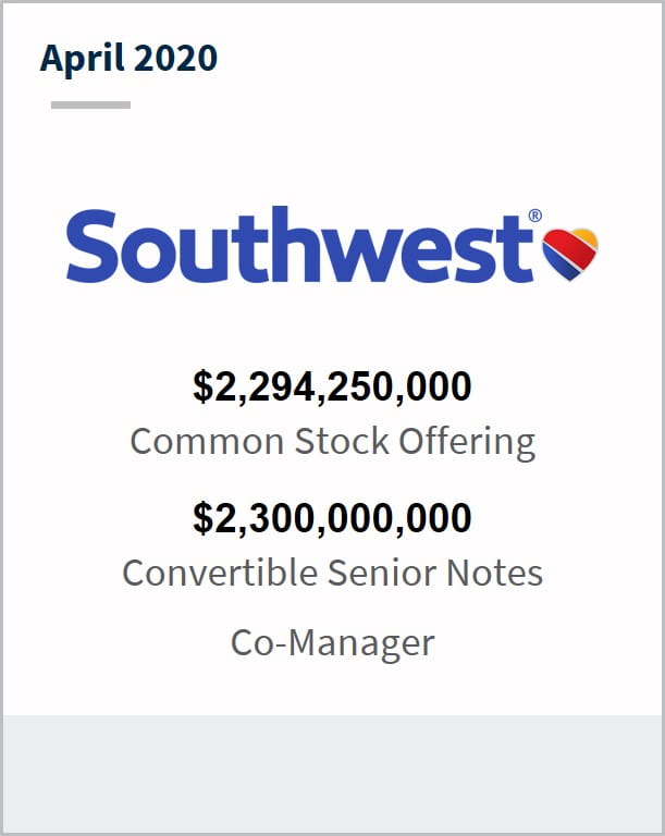 April 2020 Southwest Airlines $2,294,250,000 common stock offering $2,300,000,000 convertible senior notes co-manager 