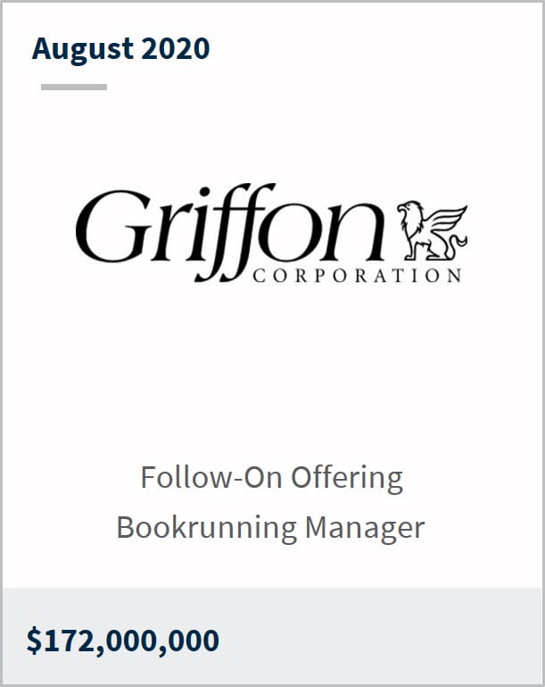 August 2020 Griffon Corporations $172M follow-on offering bookrunning manager 