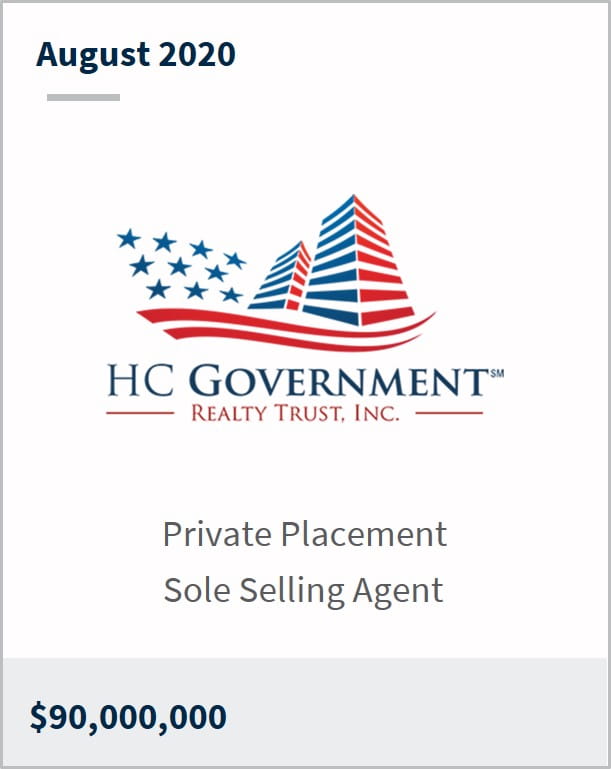 August 2020 HC Government Realty Trust $90,000,000 private placement sole selling agent 