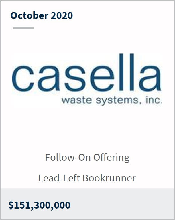 October 2020 Casella Waste Systems $151,300,000 follow-on offering lead-left bookrunner