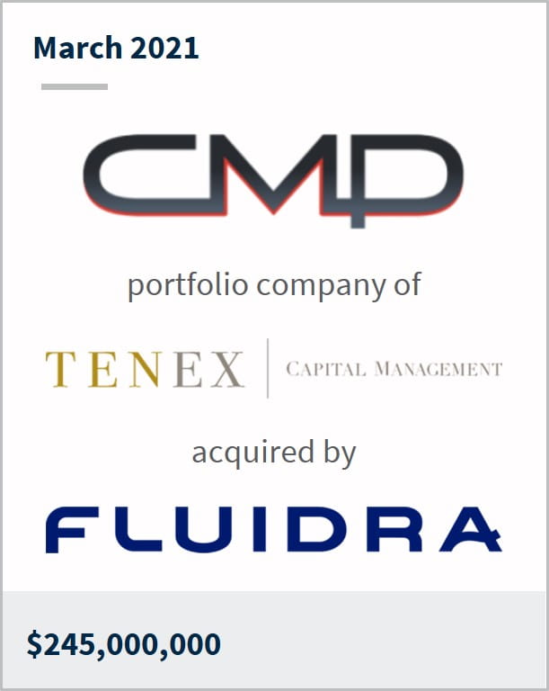 March 2021 Custom Molded Products a portfolio company of Tenex has been acquired by Fluidra $245,000,000