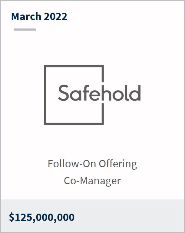 March 2022 Safehold Inc. $125M Follow-On Offering Co-Manager