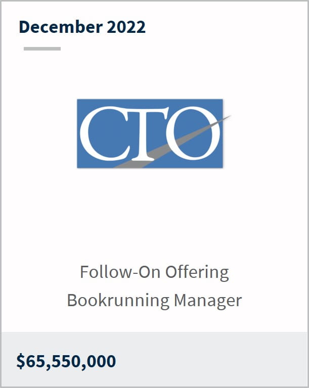 December 2022 CTO Realty Growth Inc $65.6m Follow-On Offering Bookrunning Manager