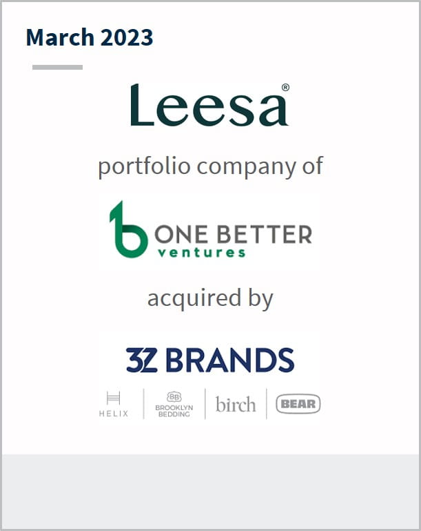 March 2023 Leesa A portfolio company of One Better Ventures Has been acquired by 3Z Brands