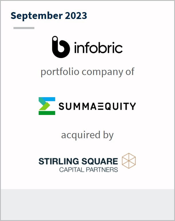 September 2023 Infobric A portfolio company of Summa Equity Has been acquired by Stirling Square Capital Partners