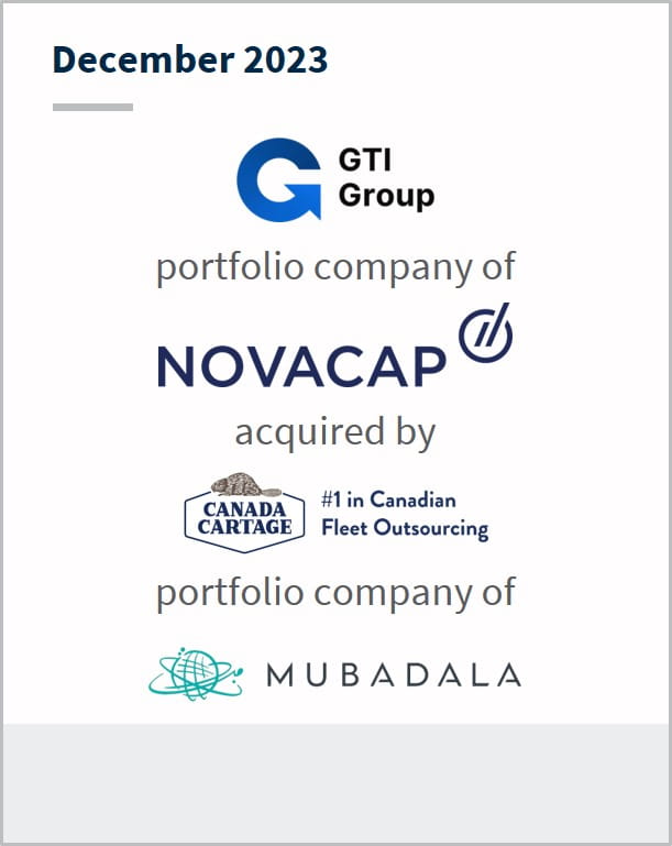 December 2023 GTI Group A portfolio company of Novacap Has been acquired by Canada Cartage A portfolio company of Mubadala Capital