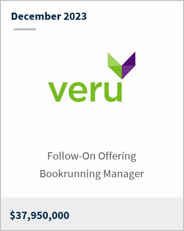 December 2023 Veru $37,950,000 Follow-On Offering Bookrunning Manager
