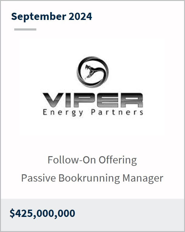 September 2024 Viper Energy Partners Follow-On Offering Passive Bookrunning Manager $425,000,000
