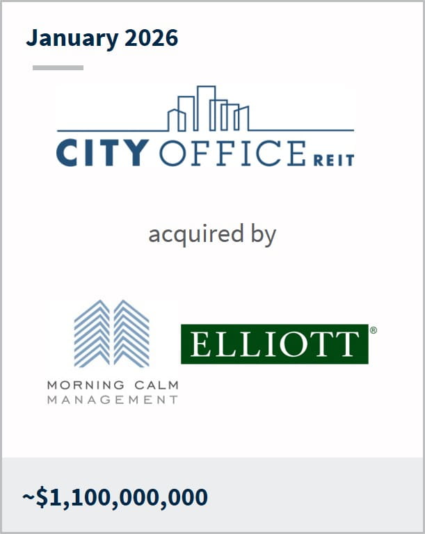 January 2026 City Office REIT acquired by Morning Calm Management and Elliott ~1,100,000,000