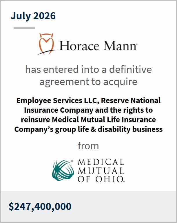 July 2026 Horace Mann has entered into a definitive agreement to acquire Employee Services LLC, Reserve National Insurance Company and the rights to reinsure Medical Mutual Life Insurance Company's group life & disability business from Medical Mutual of Ohio $247,400,000